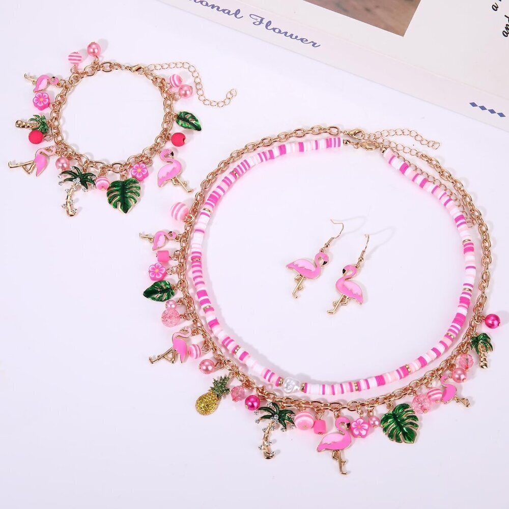 Flamingo Jewelry Set for Women Summer Beach Necklace Bracelet Earrings Gifts - Picture 5 of 7